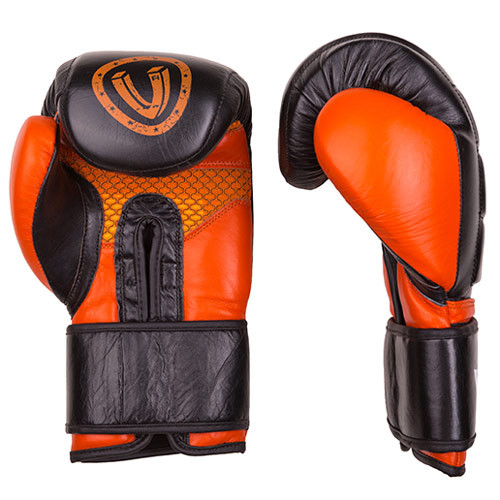 Боксерские перчатки Velo shock padding, кожа, 10oz, черно-оранжевый.