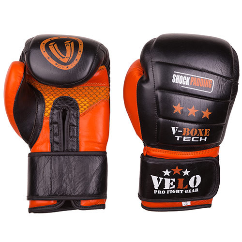 Боксерские перчатки Velo shock padding, кожа, 10oz, черно-оранжевый.