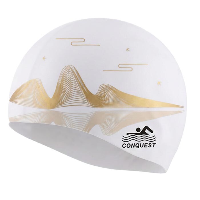 Шапочка для плавания силиконовая Conquest SC49, белая с рисунком.
